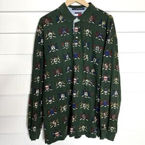 Tommy Hilfiger Vintage Crest Print Green Long Sleeve Collared Polo Shirt XL